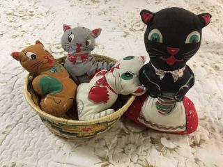 Vintage Mother Cat And Three Kittens In A Basket Cloth Stuffed Animals
