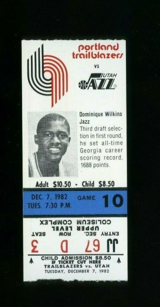 1982 - 83 Utah Jazz @ Portland Trailblazers Dominque Wilkins Photo Ticket Nba