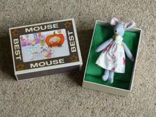 Maileg Best Mouse In Matchbox Bed 15cm With Crown & Floral Dress & Red Mouth
