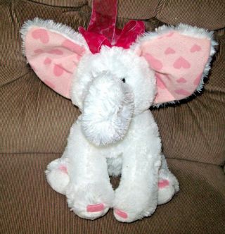 Russ Berrie Ellie White Baby Elephant Soft 13in Plush Pink Hearts Nylon Ribbon