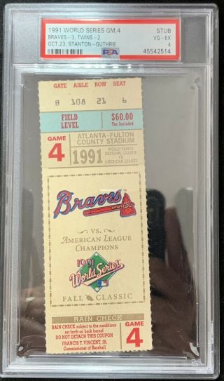 1991 World Series Ticket Stub Game 4 Braves Twins Psa Vg Ex