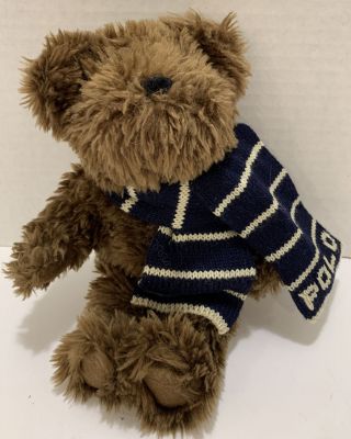 Polo Ralph Lauren •2003 Teddy Bear Plush • Brown Bear •blue Knit Polo Scarf 9”