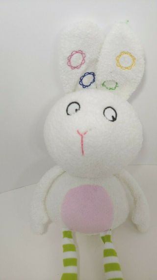 Plush White Bunny Rabbit Pink Tummy Colored Flower Ears Green Striped Legs