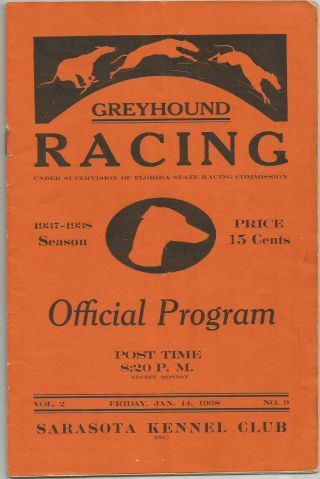 Racing Greyhound Program Sarasota Florida K.  C Jan 14,  1938 Orange Cover