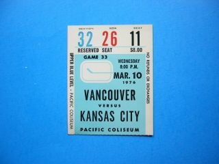 1975/76 Vancouver Canucks Vs Kansas City Scouts Ticket Stub Sharp Denis Herron