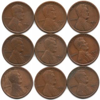 Set Of (9) 1912 - S Lincoln Wheat Pennies Cent Penny