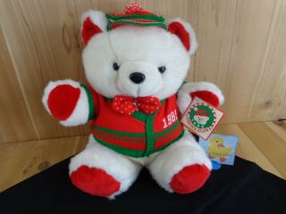 1989 Kmart Holiday Santa Bear 18 " Plush White Knit Hat Vest Christmas Teddy Bear