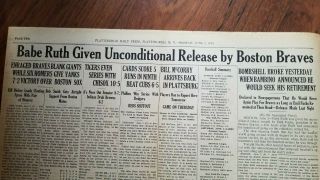 1935 Newspaper Babe Ruth Released Boston Braves Baseball Career Finished Retired