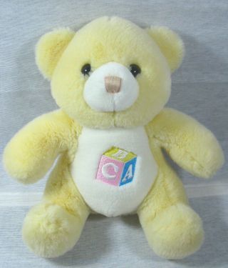 Vintage Plush 10 " Yellow Teddy Bear White Belly Abc Letter Block Stuffed Animal
