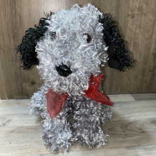 Dan Dee Puppy Dog Gray Black Fuzzy Floppy Ears Red Bow Plush Stuffed Animal 11”