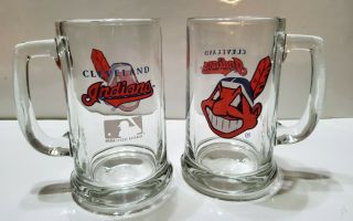 2 Cleveland Indians Handled Glass Beer Mug Major League Baseball Chief Wahoo 5.  5