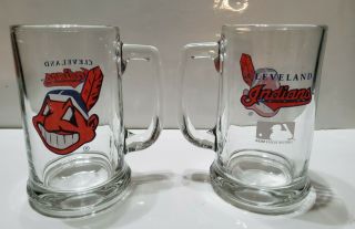 2 Cleveland Indians Handled Glass Beer Mug Major League Baseball Chief Wahoo 5.  5 2