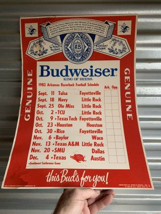 Vtg 1982 Arkansas Razorback Football Schedule Poster Budweiser Beer 14x20