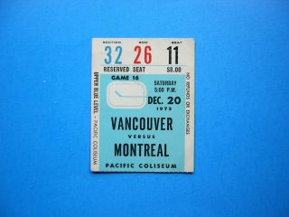 1975/76 Vancouver Canucks Vs Montreal Canadiens Hockey Ticket Stub Guy Lafleur
