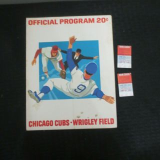 8/5,  1974 Chicago Cubs Vs Atlanta Braves Program Scored Hank Aaron 2 Ticket Stubs