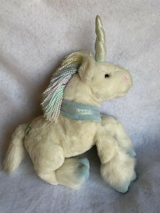Vtg Commonwealth 17” White Unicorn Plush - Rainbow Mane - Silver Horn - Blue Hooves