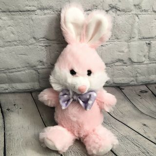 Hug Fun Furry Pink Plush Easter Bunny Rabbit 11” Small Purple Polka Dot Bow Tie