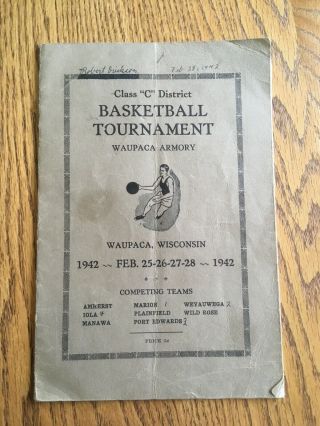 1942 Wisconsin High School - Basketball Tourney Program - Iola - Port Edwards - Amherst