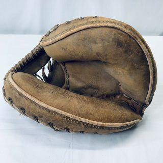Vintage Made In Mexico Baseball Catchers Mitt Very Worn Brown Leather Good Cond