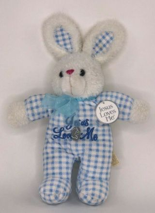 Dan Dee Collectors Choice Bunny Rabbit Plush sings Jesus Loves Me Blue White 14 