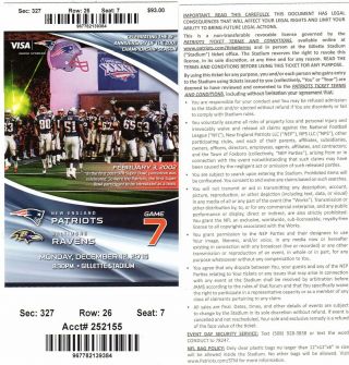 2016 2017 World Champions Balt Ravens @ England Patriots Brady Ticket Stub