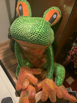 Kellytoy Plush Frog Green Orange Sparkle Shiny Sits Up Stuffed Animal