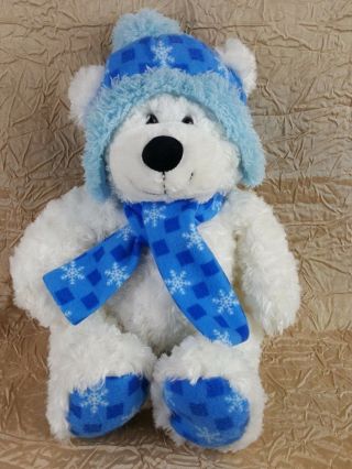 Hugfun International Plush White Teddy Bear W/ Blue Snowflake Hat &scarf 18 "