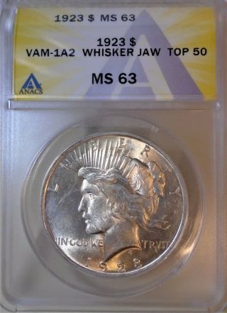 1923 - P Peace Dollar Vam 1a2 Whisker Jaw Top 50 Ms63 Anacs