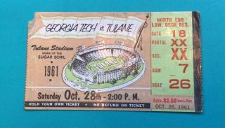 Georgia Tech Vs Tulane 1961 Football Ticket Stub - Sugar Bowl Home Stadium Dia
