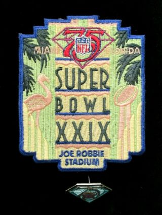 1995 Bowl Xxix S.  F.  49ers Vs San Diego Chargers Official Press Pin & Patch