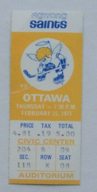1973 Wha Ticket Minnesota Fighting Saints Vs Ottawa Yellow - Flash