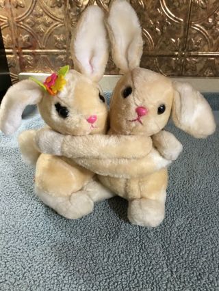 Vintage 1977 Dakin Hugging Bunny Rabbits Plush 9 " Stuffed Animals