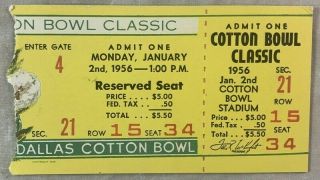 1956 Cotton Bowl Football Ticket Ole Miss Rebels V Tcu Horned Frogs @ Dallas