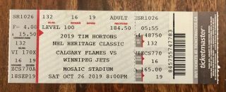 October 16,  2019 - Nhl Calgary Flames Vs Winnipeg Jets Heritage Classic Ticket