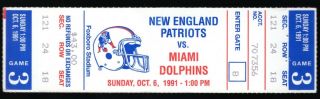 October 6,  1991 England Patriots & Miami Dolphins Full Ticket Marino 2 Td 