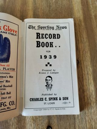 Vintage THE SPORTING NEWS RECORD BOOK for 1939,  Centennial Edition,  Spink & Son 3