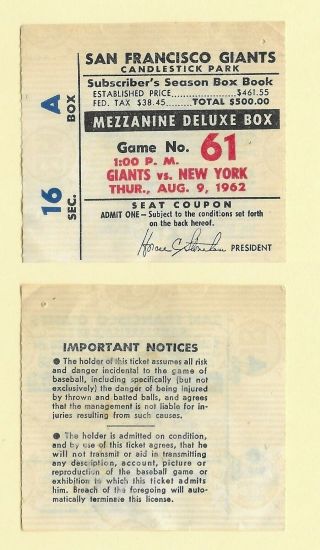 1962 San Francisco Giants Ticket Stub Vs York Mets Aug 9 - Orlando Cepeda Hr