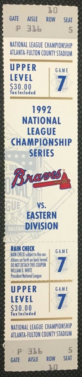 1992 Mlb Baseball Nlcs Game 7 Ticket Atlanta Braves Vs Pittsburgh Pirates