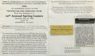 1889 Staten Island Sports College Football History Ticket Athletic Club Games Vf