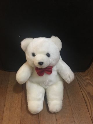 Armbee Corp Small Plush White Sitting Teddy Polar Bear Red Felt Bow Tie