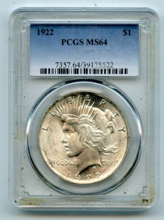 1922 $1 Peace Silver Dollar Pcgs Ms 64