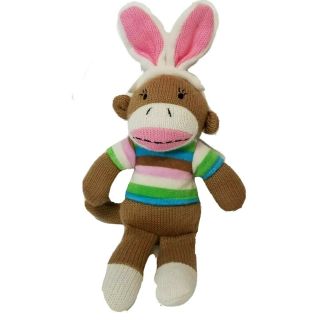 Dan Dee Sock Monkey With Bunny Rabbit Ears Brown & Pink 12 " Striped Shirt