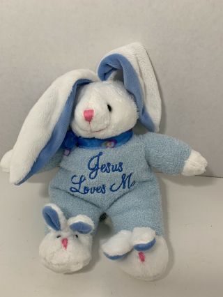 Dandee Jesus Loves Me Plush Blue Bunny Rabbit Easter Stuffed Toy Singing