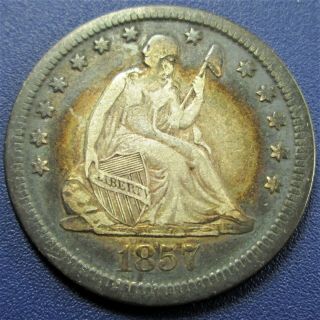1857 Seated Liberty Silver Quarter 25c - Sharply Toned Vf