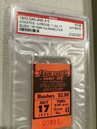 1973 Oakland A’s Athletics Baltimore Orioles PSA Ticket Blue 4 - hit Win v McNally 2