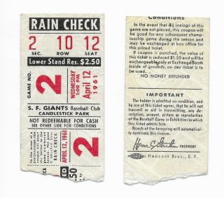 1961 San Francisco Giants Ticket Stub Vs Pittsburgh Pirates April 12