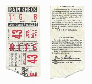 1961 San Francisco Giants Ticket Stub Vs St Louis Cardinals July 7