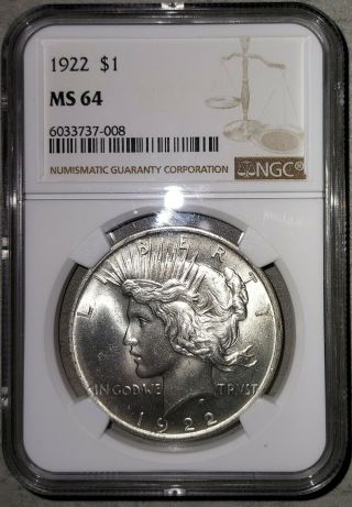 1922 - P Peace Dollar Ngc Ms64 Bright White Eye Appeal.