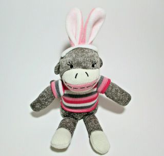 Dan Dee Sock Monkey Easter Bunny Ears Plush 11 " Pink Gray Stripe Sweater