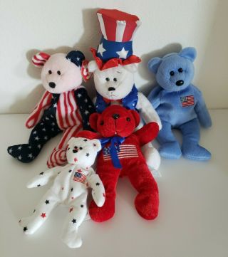 5 Patriotic Plush Bears,  Ty Spangle Pink Face,  America,  Glory,  Limited Treasures